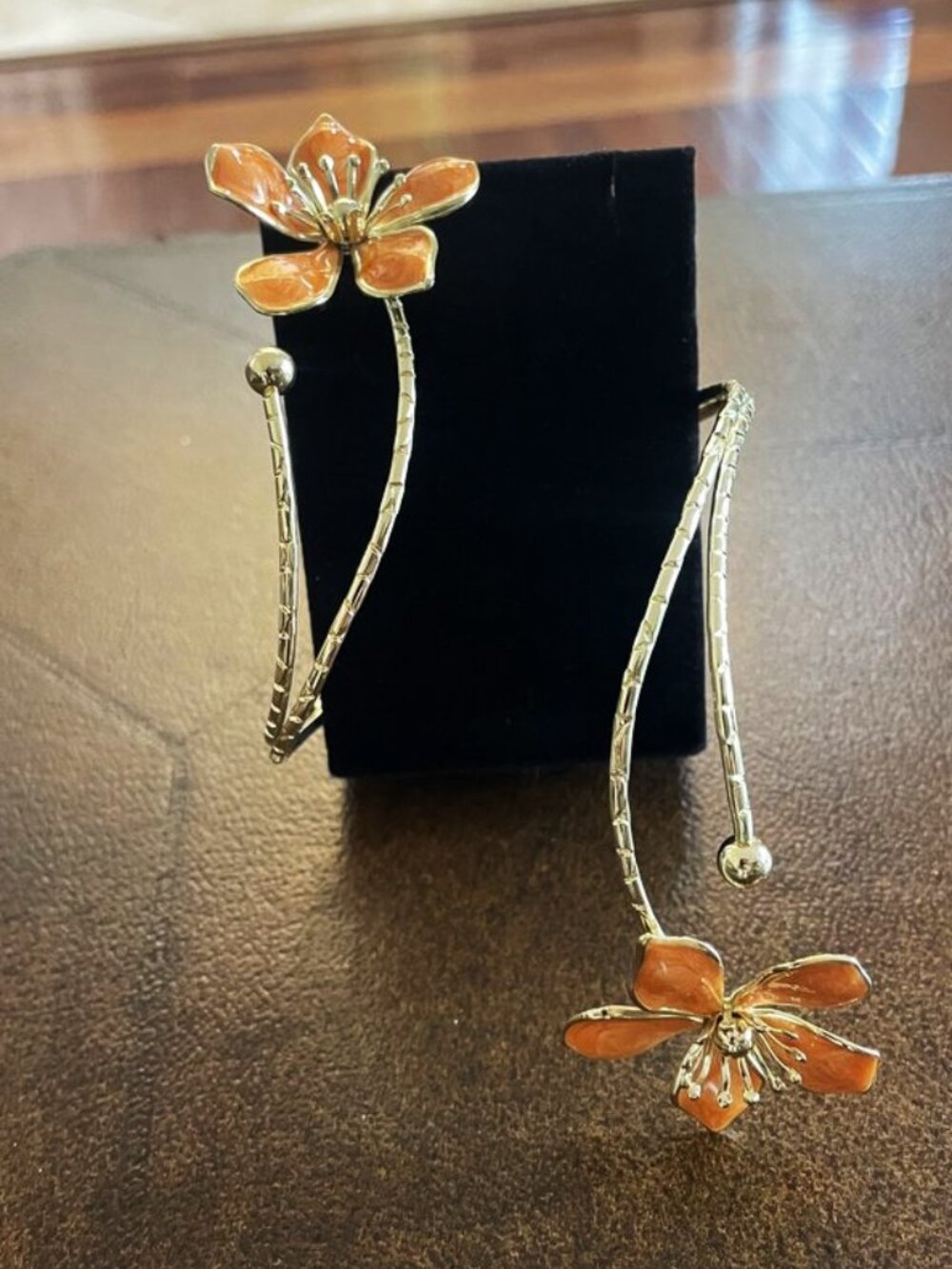 Boho Orange Enamel Flower Arm & Ankle Cuff Bracelet | Adjustable - Picture 5 of 13